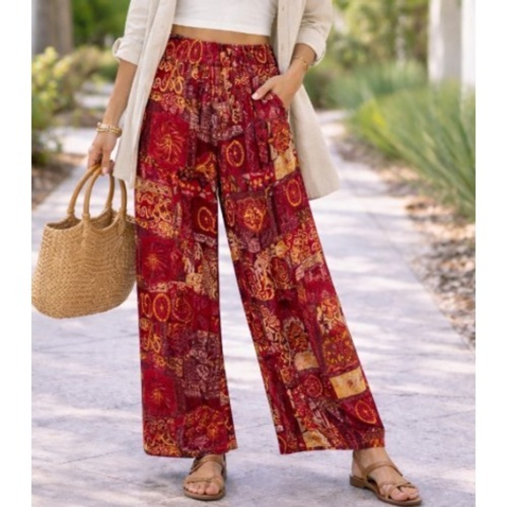 Vtg Christina Fairbanks Wide Leg Pants Red Multicolor Abstract Art Boho Resort L